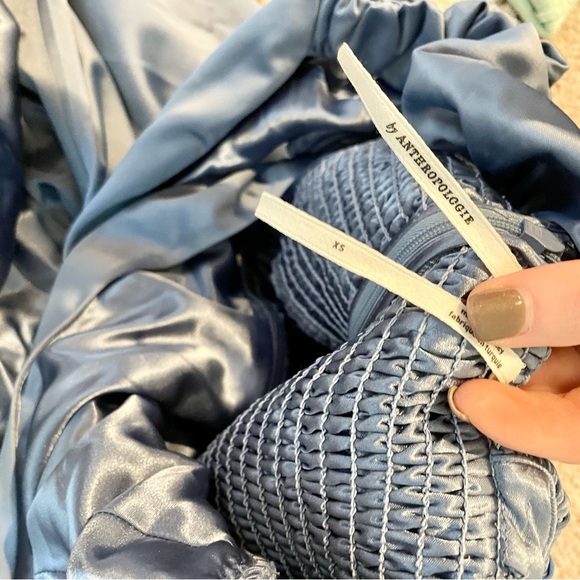 Anthropologie Ruched Sweetheart Dress Blue Grey Satin - Picture 15 of 16